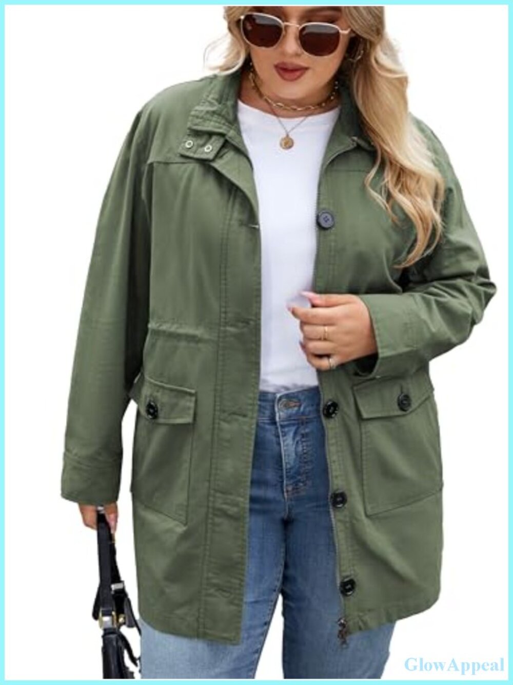 Plus Size Trench Coat Button Front Utility Field Jacket Mid Length